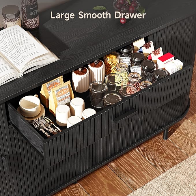 ONBRILL 63“ Sideboard Buffet Cabinet with Storage, Sideboard with 1 Drawer & 2 Door Shelves, Mid-Century Modern Kitchen Cabinets with Sliding Door, Coffee Bar Cabinet for Kitchen, Living Room, Black