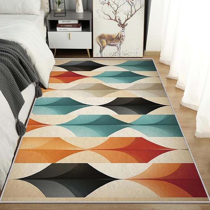 Geometric Rugs for Bedroom - Washable Mid Century Modern Rugs for Living Room - 5x8 ft - Abstract MCM Design Area Rug & Home Decor - Colorful Indoor Carpet with Non Slip Backing