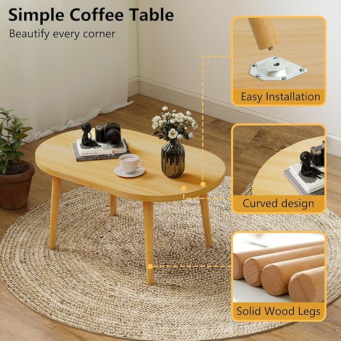 Oval Coffee Table Low Table with 4 Solid Wood Sturdy Legs,Floor Table Desk for Sitting on The Floor,19.7"D x 31.5"W x 16"H Inches,Living Room/Toy room Furniture,Rental house Furniture (Natural-Oval)
