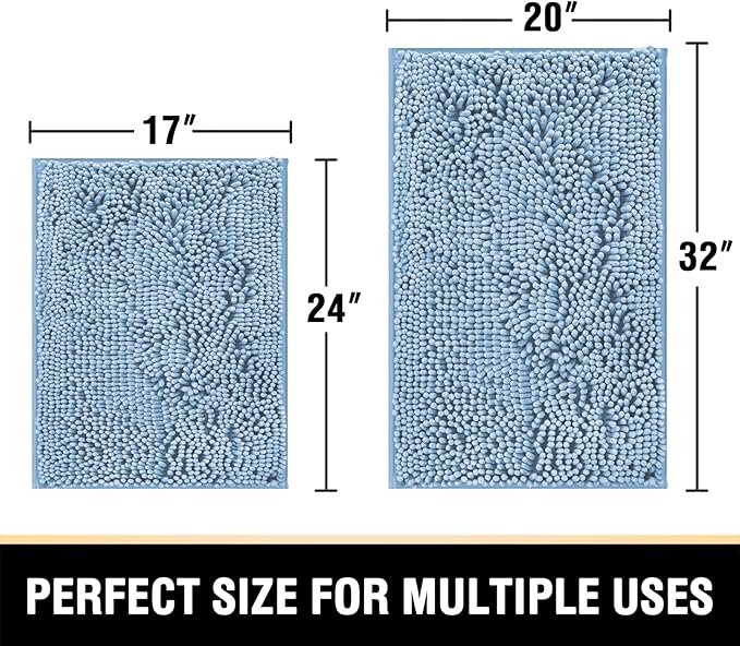 H.VERSAILTEX Bath Mats - Non Slip Luxury Chenille Bathroom Rugs, Extra Soft Absorbent Shaggy, Washable Fast Dry 2 Piece (Cool Blue, 20" x 32"/17" x 24")