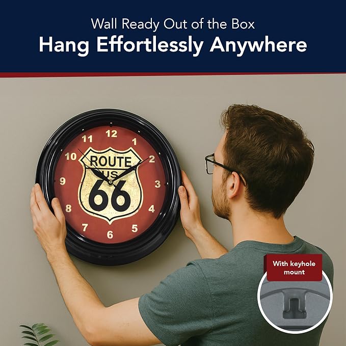 American Art Decor Route 66 LED Wall Clock - 12" Vintage Americana Modern Decor, Battery‑Operated Quartz, Retro Shield for Living Room, Garage, Mancave, Office (Red/Off‑White/Black)