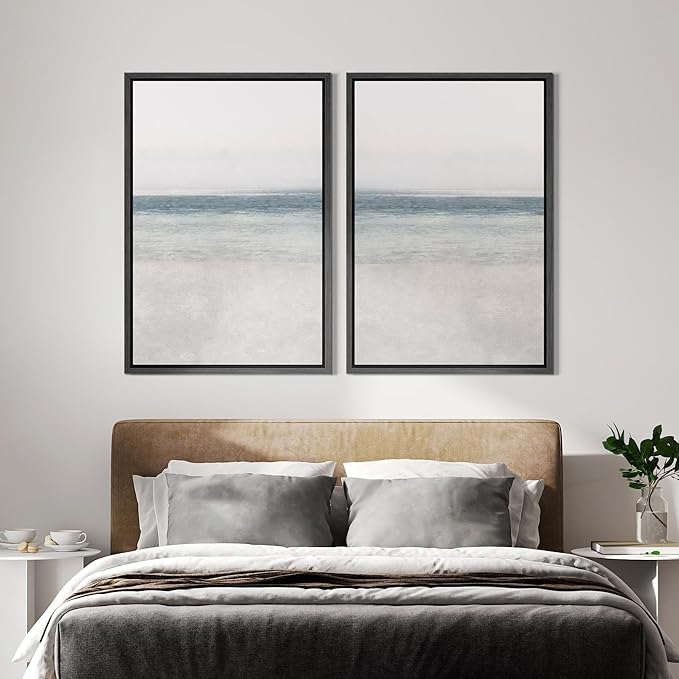 IDEA4WALL Framed Canvas Print Wall Art Set Abstract Beach Shore Ocean Wave Horizon Nature Wilderness Illustrations Modern Art Decorative Coastal Cottage Seascape Minimal for Bedroom - 24"x36"x2 Black