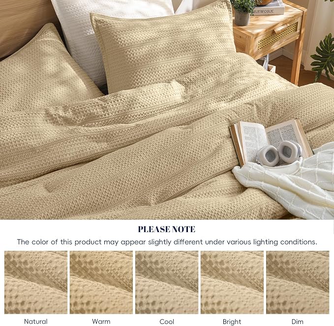PHF Soft Waffle Comforter Set Queen Size- Comfy Breathable Waffle Weave Comforter with 2 Pillow Shams, 3 Pieces Less Snagging Lightweight Textured Bedding Set for All Season, Light Khaki
