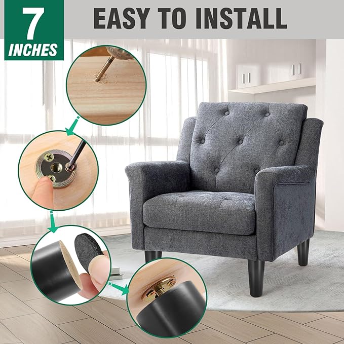 FoDau770 Black Rubber Wood Furniture Legs 7 Inches, Straight Tapered Wood Feet Mid Century Sofa Legs Set of 4, 5/16" UNC Furniture Feet Replacement Parts for Cabinet Couch Dresser Chair Ottoman Table