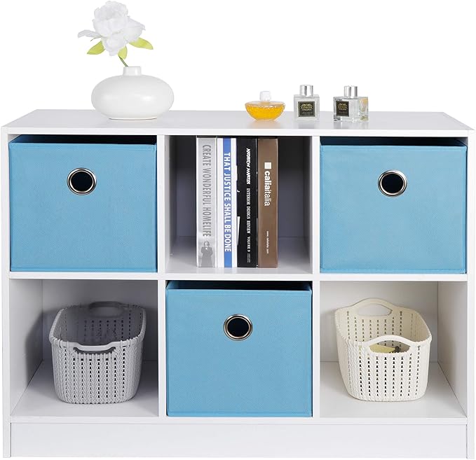 ZenStyle Storage Shelf Organizer, Wooden Bookshelf System Display Cube Shelves Compartments, Customizable W/ 5 Removable Back Panels (White, 6 Cube)