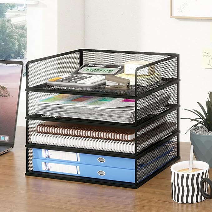 Natwind 4 Tier Letter Trays, File Trays for Desk Stackable,Desktop Paper Organizers for Office Supplies, Metal Mesh File Organizer，Office Organizer，Letter Trays for Home, Office, School，Black
