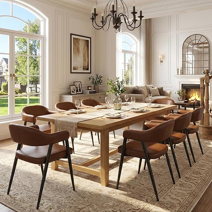 HNY Modern Dining Room Arm Chairs Set of 6, Retro Faux Leather Upholstered Barrel Dining Chairs with Arms Mid-Century Brown Accent Chair with Metal Legs, Open-Back Kitchen Side Chair for Living Room