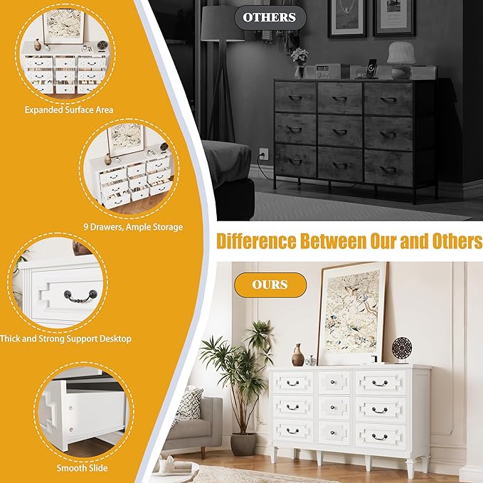 9 Drawer Dresser for Bedroom, 35.7" Tall Dresser & Chest of Drawers wtih Vintage Surface, Closet Storage Cabinet for Living Room, Hallway, White
