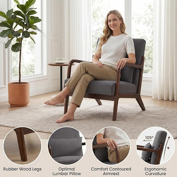 Mid Century Modern Accent Chair, Upholstered Corduroy Armchair with Lumbar Pillow, Solid Rubberwood Frame for Living Room, Bedroom, Waiting Room,Dark Grey