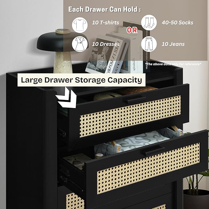 ELISA HOME Rattan-Inspired 5 Drawers Dresser for Bedroom, 47.2" Tall Modern Chest of Drawers, Wood Drawer Organizer for Clothes, Entryway, Hallway, Nursery or Living Room, Black