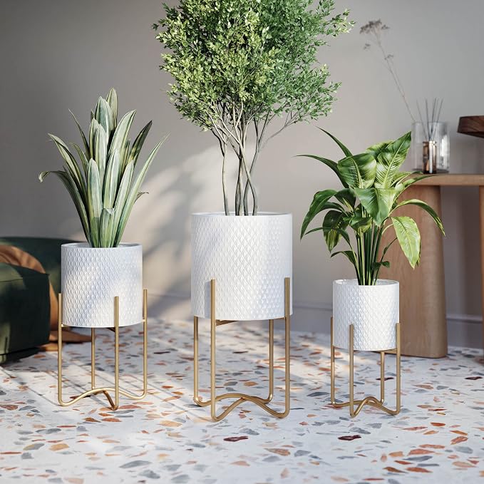 EverNest Claire Mid-Century Modern White Plant Pot with Ambrose Stand, SelectBase, Indoor Planter, Bohemian Style, Minimalist Plant Home Décor (Medium, Gold)