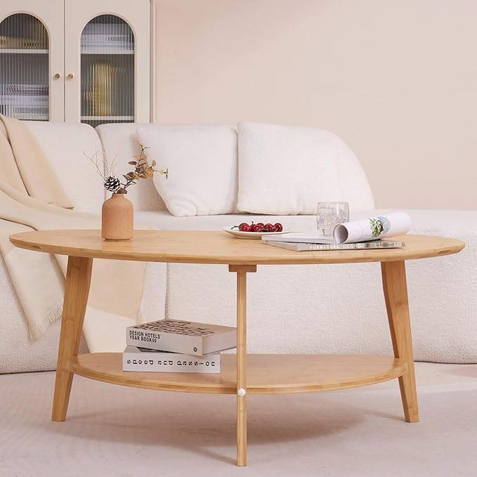 NAVREX Coffee Table, Mid Century Modern Oval Coffee Tables for Living Room, 100% Solid Wood, FSC Certifiled 40.2"*22" Round Center Table, Value Lies in Material, Easy Assembly