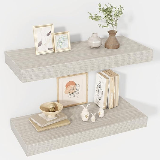 24 Inch Floating Shelves, 12" Deep Floating Shelf Wall Mounted, 24" Wall Shelves, Rustic Deep Bookshelf, Extra Deeper & Thicker Display Shelves for Bedroom, Living Room, Gray, Set of 2