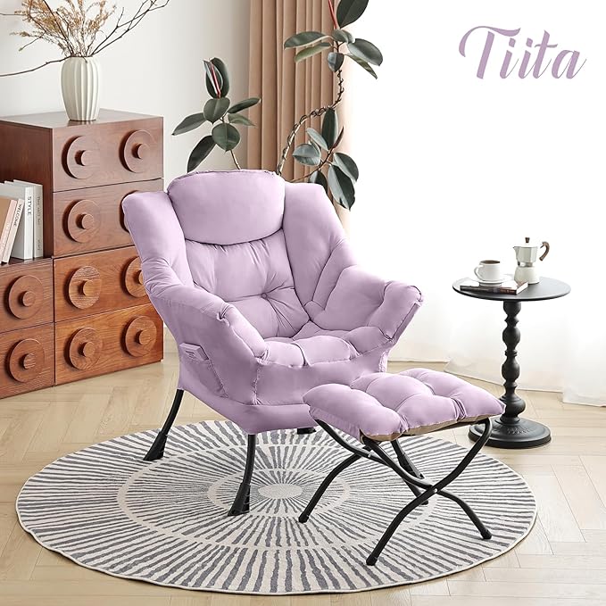 Tiita Lazy Chair with Ottoman, Purple Modern Large Accent Chair, Comfy Leisure Sofa Armchair with Ottoman, Reading Chair with Footrest for Bedroom, Living Room, Dorm Rooms, Purple