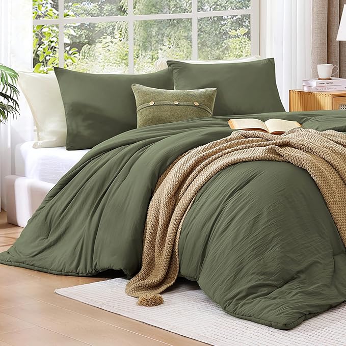 WRENSONGE Queen Comforter Set - 3 Pieces Prewashed Olive Green Comforter Soft Lightweight for All Seasons,Down Alternative Comforters Queen Size with 2 Pillow Shams