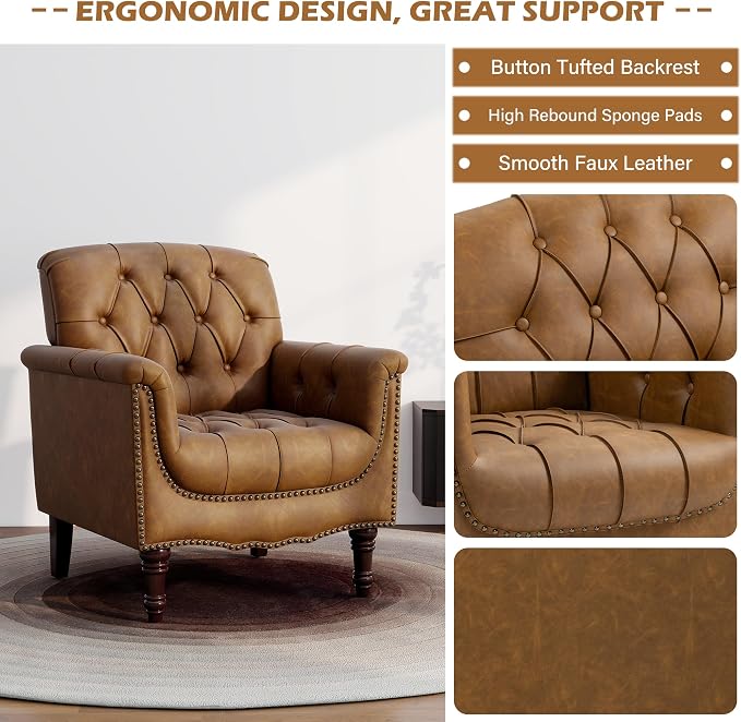 Faux Leather Accent Chairs Set of 2, Comfy Club Chair Upholstered Armchair for Living Room, Button Tufted Arm Chair Retro Single Sofa Side Reding Seat for Bedroom - Camel