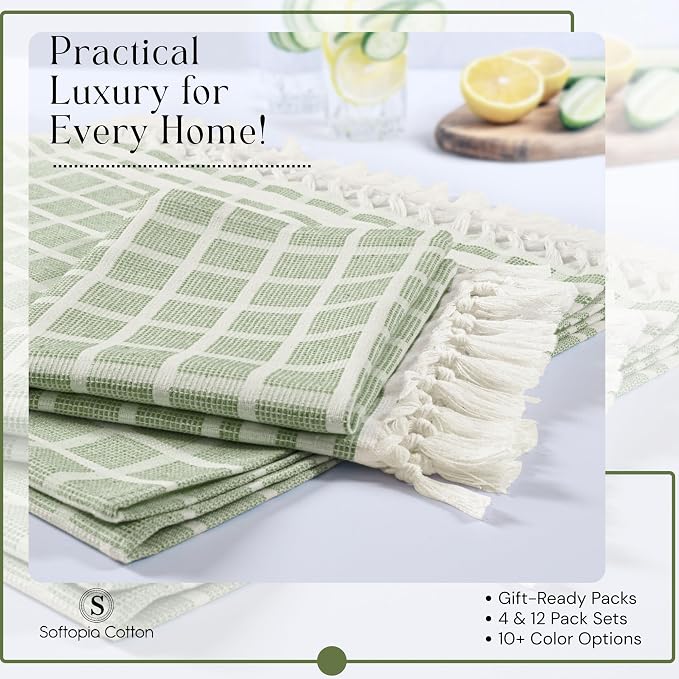 Matrix Dobby Kitchen Towels Set of 4, 100% Cotton, Combo Pack, 16"x26", Absorbent Tea Towels with Handmade Tassels, Reusable Cleaning Cloths - Orange, Mint Green, Sky Blue, Beige