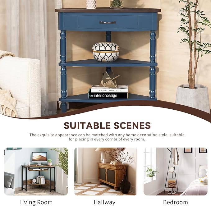 33.86" Corner Table, Wood 3 Tier Triangle Side Table Corner Shelf Stand with Solid Wood Legs 1 Drawer & 2 Storage Shelves for Living Room Small Space (Navy Blue)