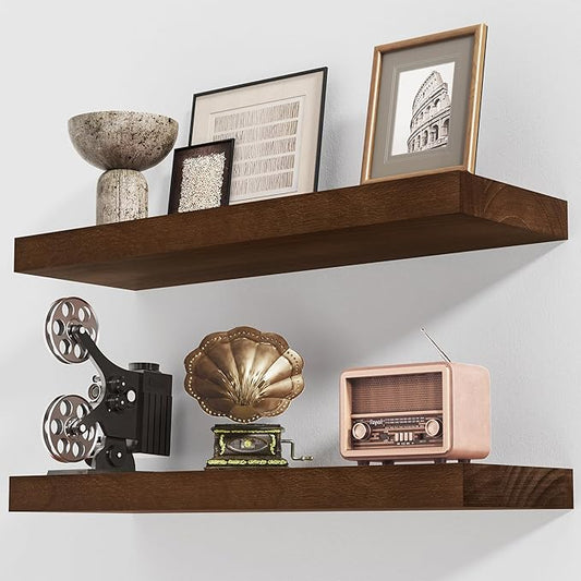 Axeman Floating Shelves, 2 Pack 8 Inch Deep Rustic Solid Wood Wall Shelves for Storage, Wall Mounted Display Shelving with Invisible Heavy-Duty Metal Bracket, 24" W x 8" D x 1.57" H, Walnut Finish