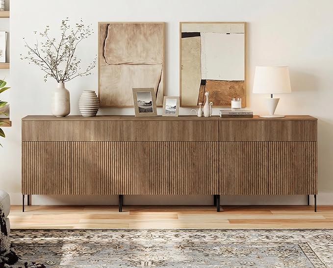 WAMPAT 94.5" W Large Sideboard Buffet Cabinet with Storage,3 in 1 Fluted Sideboard Buffet with 6 Doors, Wooden Buffet Table, Coffee Bar Wine Bar Cabinet for Dining Room, Living Room, Light Walnut