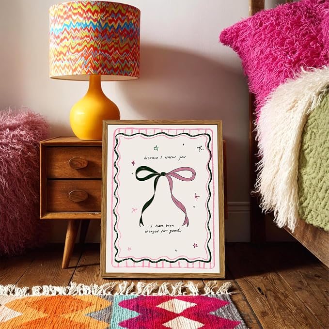 Framed Pink Bow Wall Art, Coquette Preppy Canvas Wall Decor Pictures, Trendy Inspirational Quote Paintings Prints Girly Home Decor Aesthetic for Girls Room Bedroom Dorm 12x16 inch