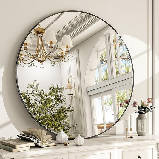 Round Mirror Wall Mounted Mirror - 30" Circle Mirror Bathroom Vanity Mirror with Aluminum Frame for Bedroom Living Room, Entryway Decor Black Mirror
