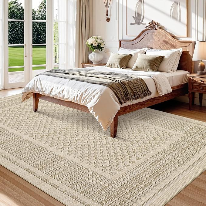 Washable Area Rug 5x7 Rug for Living Room Modern Large Area Rug for Bedroom Aesthetic Non Slip Throw Rugs Soft Faux Wool Low Pile Stain Resistant Carpet for Dining Room 5'x7' Beige