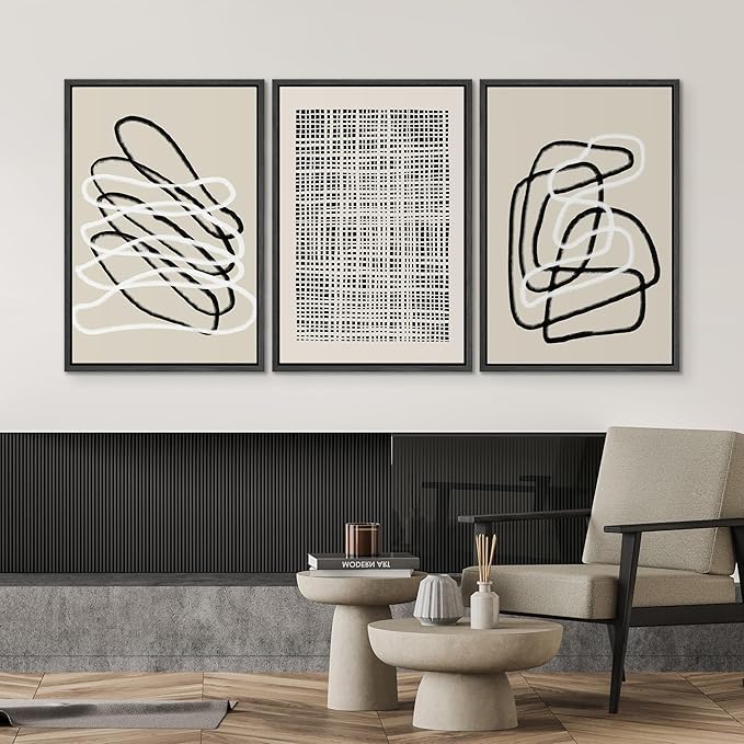 SIGNWIN Framed Canvas Print Wall Art Set Grunge Watercolor Paint Strokes Abstract Shapes Cozy Neutral Modern Art Decorative Boho Relax/Zen Nordic for Living Room, Bedroom, Office - 24"x36"x3 Black