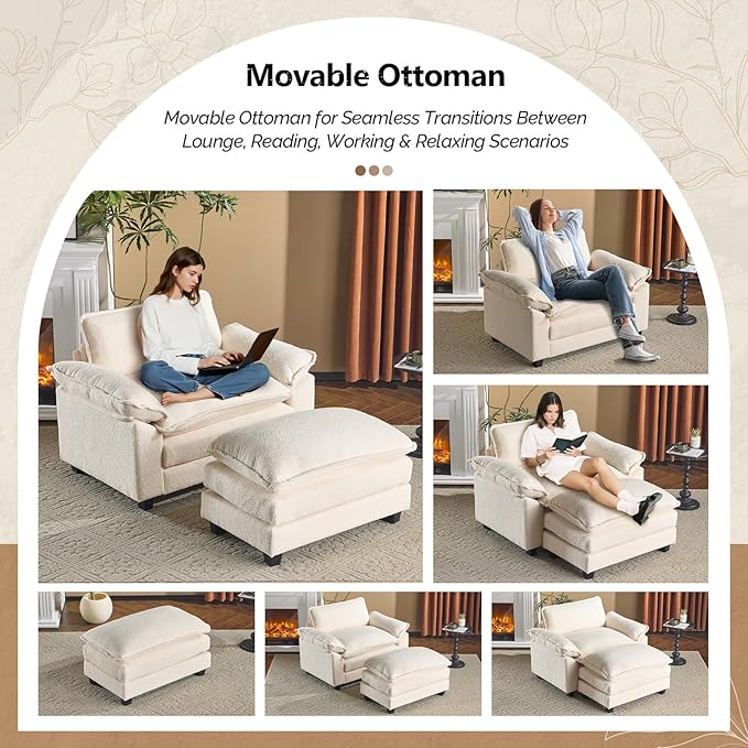 VINGLI Oversized Sofa Chair and a Half with Deep Seat & Movable 2-Layer Ottoman Set, Comfy Cloud Sofa Bed with Chaise, 1-Seater Modular Sectional Sleeper Couch for Living Room, Teddy-Fleece, Beige