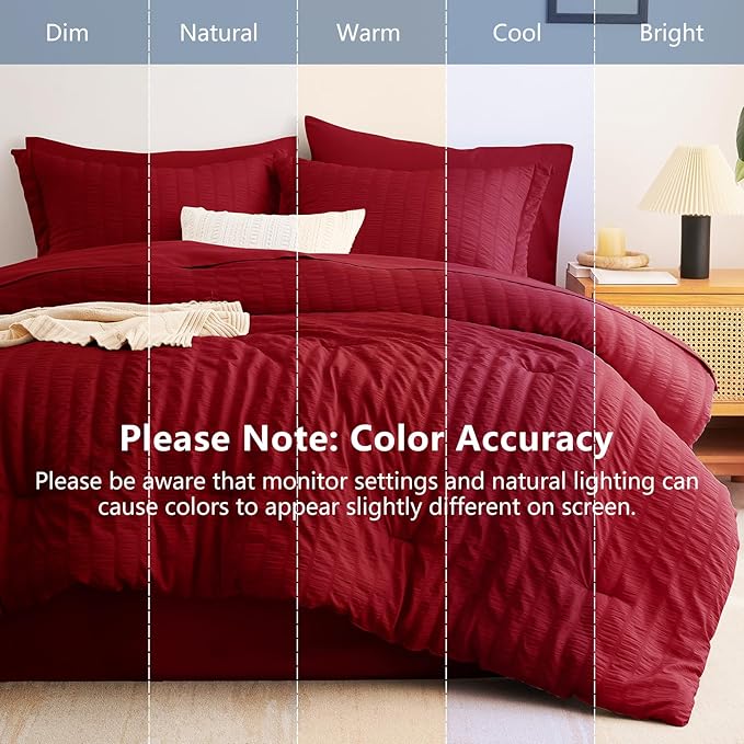 CozyLux King Size Comforter Set Dark Red, 7 Pieces Seersucker Textured Luxury Bed in a Bag, All Seasons Soft Bedding Sets with Down Alternative Comforter, Sheets, Pillowcases & Shams, Home Gift