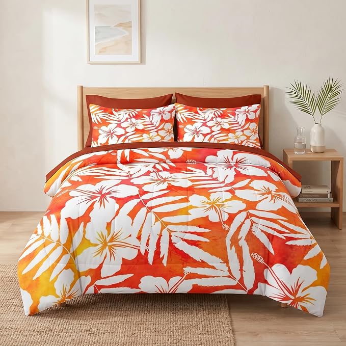 Nesker 7 Pcs Comforter Set King Size, Red Hibiscus Hawaiian Bedding Set for Kids and Adults, Flower Surf Floral Bed Sheet Sets with Fitted Sheet 2 Pillowcases & 2 Shams
