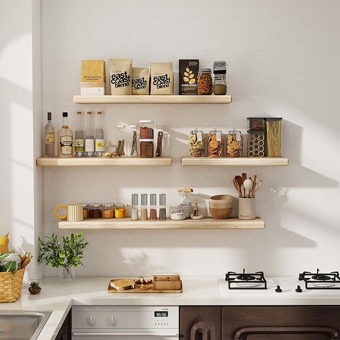 Axeman 48Inch Natural Wood Floating Shelves for Wall|Rustic Wooden Shelves for Bedroom Kitchen Bathroom|Long Storage Shelf with Invisible Bracket for Wall Mounted|Set of 1|Natural Color