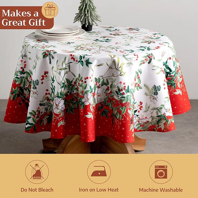 Maison d' Hermine Table Cloth Round Table 100% Cotton 63 Inches Fall Tablecloth Reusable Everyday Use for Thanksgiving Christmas Decorations Dining Farmhouse Party (Noel)