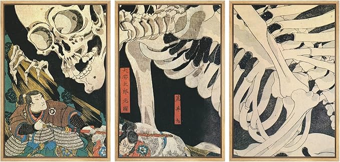 wall26 Framed Wall Art Print Set Witch & Skeleton Ukiyo-E by Utagawa Takiyasha Historic Cultural Illustrations Fine Art Chic Scenic Multicolor for Living Room, Bedroom, Office - 16"x24"x3 Natural