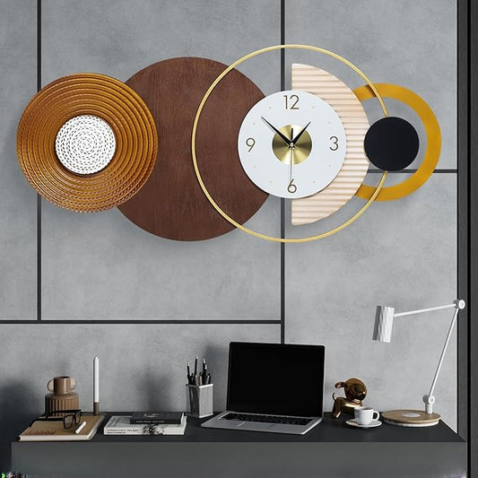 47.2x22.8 inch Large Mid Century Wall Clock for Living Room, Metal & Wood Modern Brown Decorative Clocks Silent Battery Operated for Home, Office, Bedroom, Dining