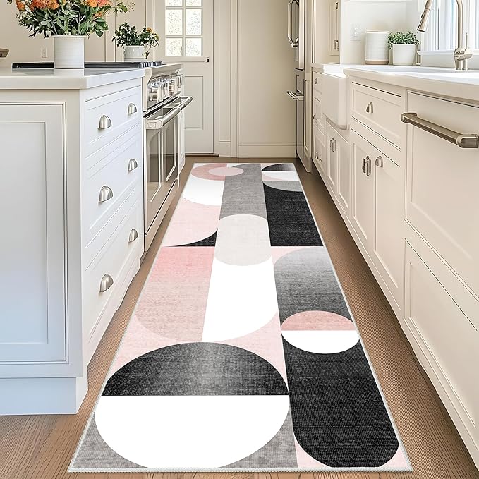 Pink Runner Rug 2x8 Washable Rug Runners for Hallway Kitchen,Long Modern Rugs for Bedroom Entryway Bathroom,Non Slip Floor Carpet,Blush Grey Black