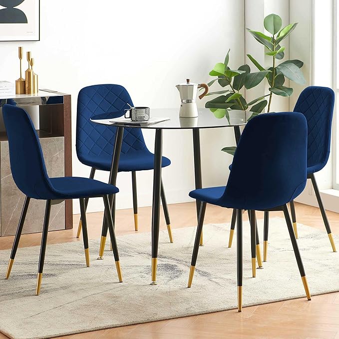 Navy Blue Velvet Dining Chairs Set of 2 - Upholstered Kitchen & Dining Room Chairs with Metal Legs, Mid-Century Modern Accent Chair for Living Room Kitchen Bedroom