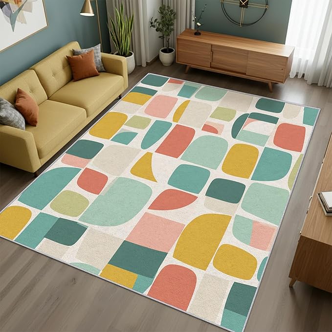 Mid Century Rug 5x8 70s Retro Geometric Pattern Area Rugs for Living Room, Bedroom, Mid Century Home Decor Accessories Indoor Carpet, Non Slip & Machine Washable, GD0668