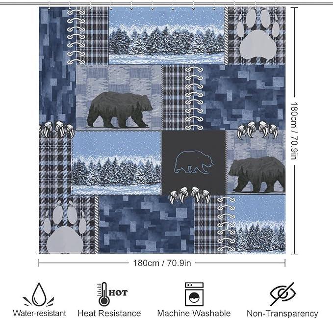 Vintage Rustic Bear Cabin Shower Curtain Board Country Retro Wild Animal Snow Farmhouse Lodge Waterproof Shower Curtains for Bathroom Decor 12 Pack Hooks 72x72in (183x183cm)