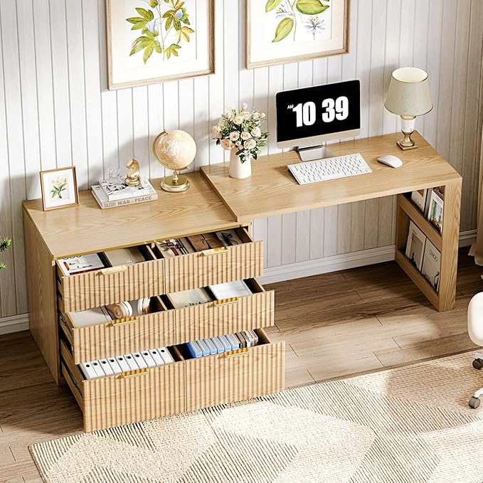 Ieejdn L Shaped Expandable Desk,47" Home Office Desks, Executive, Farmhouse Computer Desk with 6 Drawers File Drawer, Rustic Computer Writing, Oak
