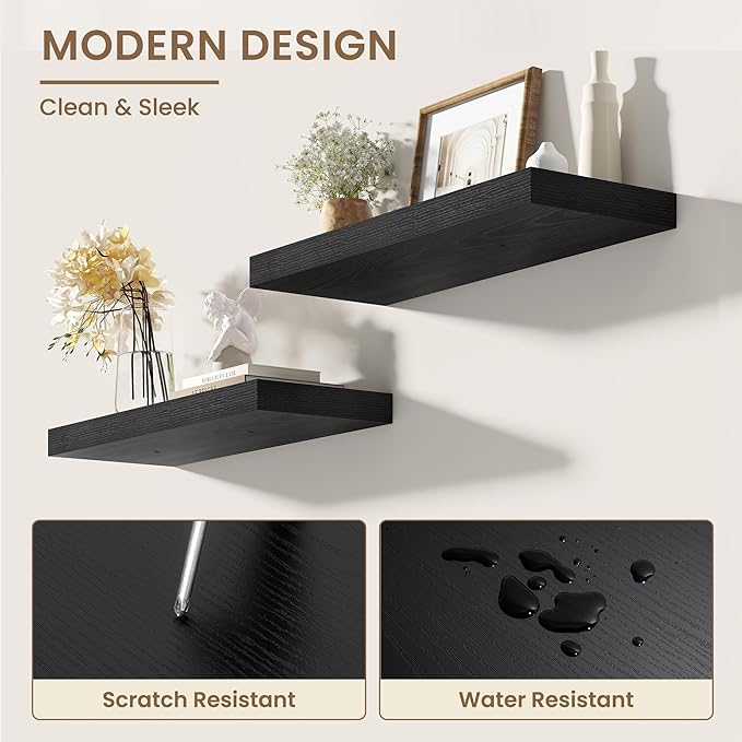 Dreamland 55 Inches Floating Shelves for Wall, 8" Deep Long Floating Shelves Set of 1, Large Display & Storage Shelf, Wall Shelf for Bathroom Bedroom Living Room Kitchen Office, Black