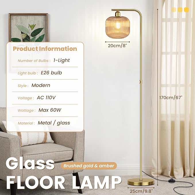 Glass Floor Lamp for Living Room, Mid Century Modern Dimmable Floor Lamp with Amber Glass Shade and Pedal Switch, 67" Tall Vintage Gold Standing Lamp for Bedroom Study Room