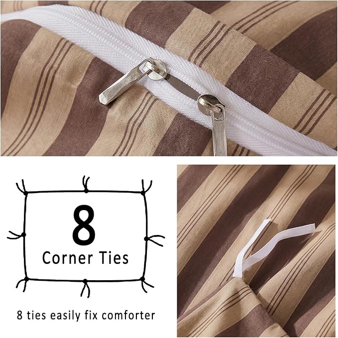 Merryword Brown and Khaki Striped Duvet Cover Set King Size, 100% Cotton Bedding Set with Zipper Closure & 8 Corner Ties, Awning Stripe Bedding, Soft Breathable Comforter Cover for All Seasons
