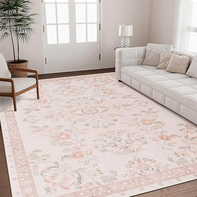 MUJOO 8x10 Area Rugs Washable,Large Floral Rugs for Living Room Bedroom Dining Room,Boho Indoor Floor Rug Non Slip Throw Carpet Low Pile Vintage Pink