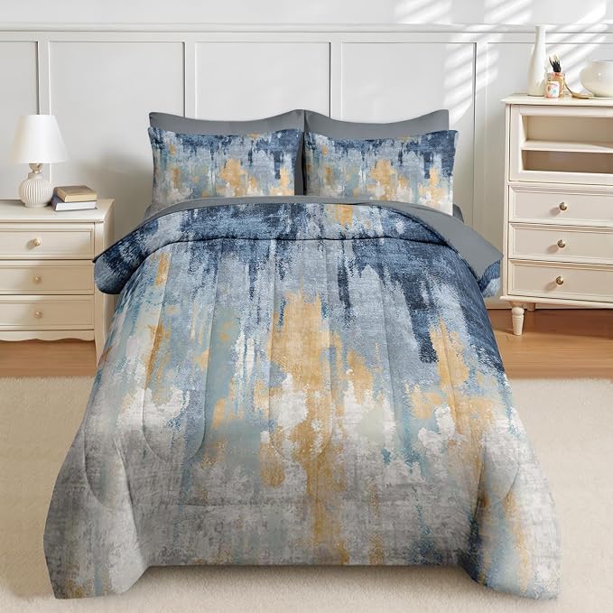Nesker 7 Pcs Comforter Set King Size, Abstract Oil Painting Bedding Set for Kids and Adults, Navy Blue Gray Gold White Bed Sheet Sets with Fitted Sheet 2 Pillowcases & 2 Shams