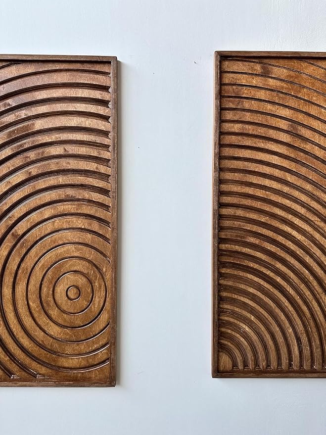 Geometric Wooden Wall Art, Set of 2 Carved Pieces, Home Decor