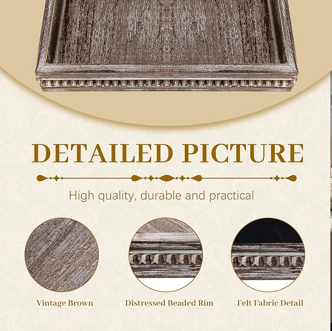 MAONAME Wood Serving Tray, Farmhouse Wooden Tray for Coffee Table, Rustic Rectangle Trays with Beads, Vintage Brown Decorative Trays for Living Room, Kitchen, 15.7" X 11.8" X 1.57"