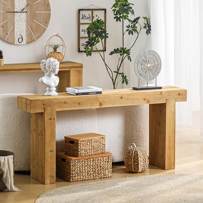 Wood Console Table, 63" Retro Long Boho Sofa Table Behind Couch, Wooden Narrow Sofa Table Hall Table for Living Room Foyer Entrance Entryway, Natural