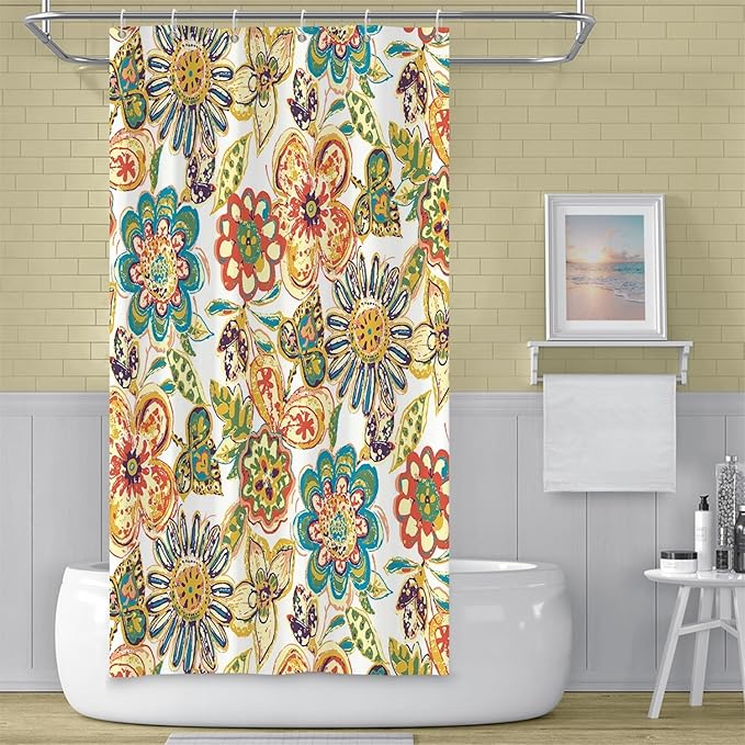 Boho Floral Bathroom Shower Curtain - Retro Funky Bohemian Flower Colorful Waterproof Durable Fabric Artistic Home Decor Shower Curtain with Hooks, 36x72 Inch