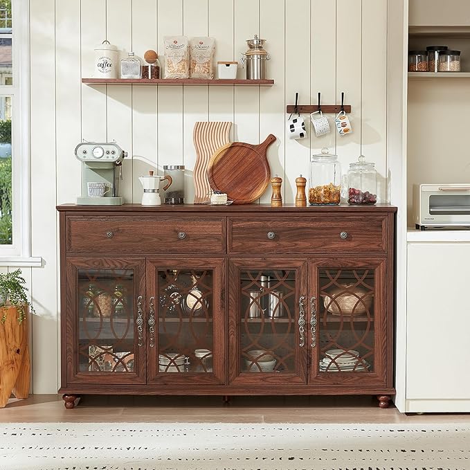 Farmhouse Sideboard Buffet Cabinet Set of 2 with Storage,59" Large Credenza with 4 Glass Door & 2 Drawers,Adjustable Shelves Console Table,Wood Kitchen Coffee Bar for Dining Room,Brown